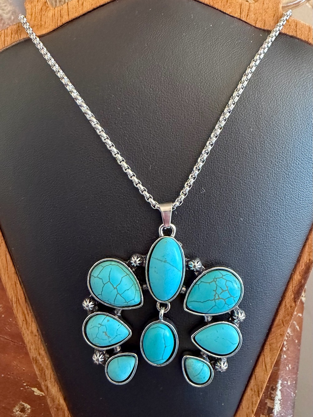 Western Squash Statement Faux Turquoise Necklace Silver Tone Southwest